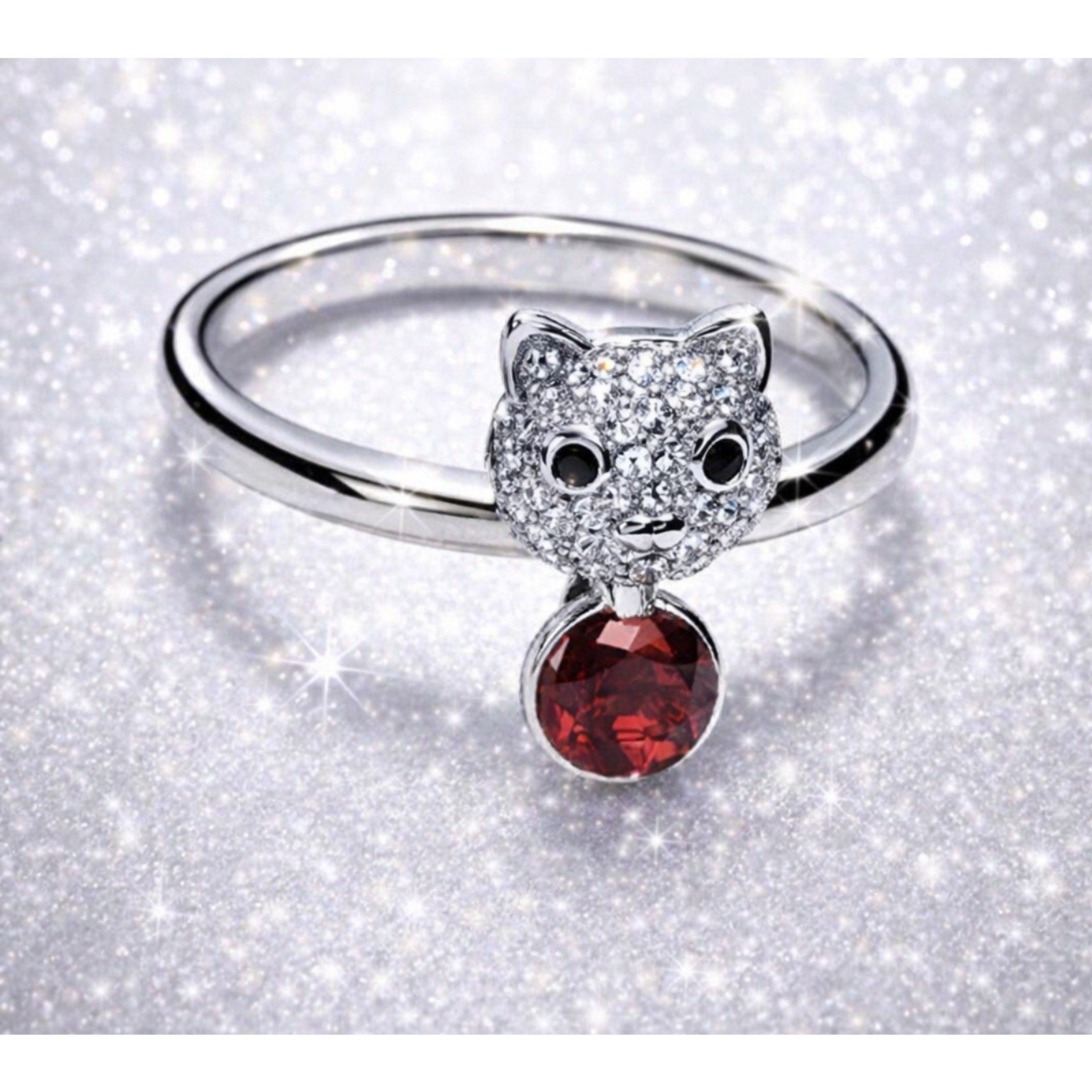 Silvertone Swarovski Cat Ring for Ladies Size New In Box New with Tags