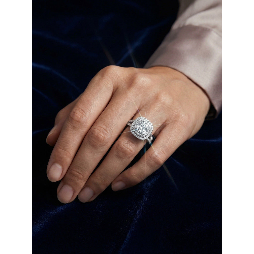 Elegant 0.50ct Moissanite Double Halo Statement Ring S925 Silver Adjustable Size