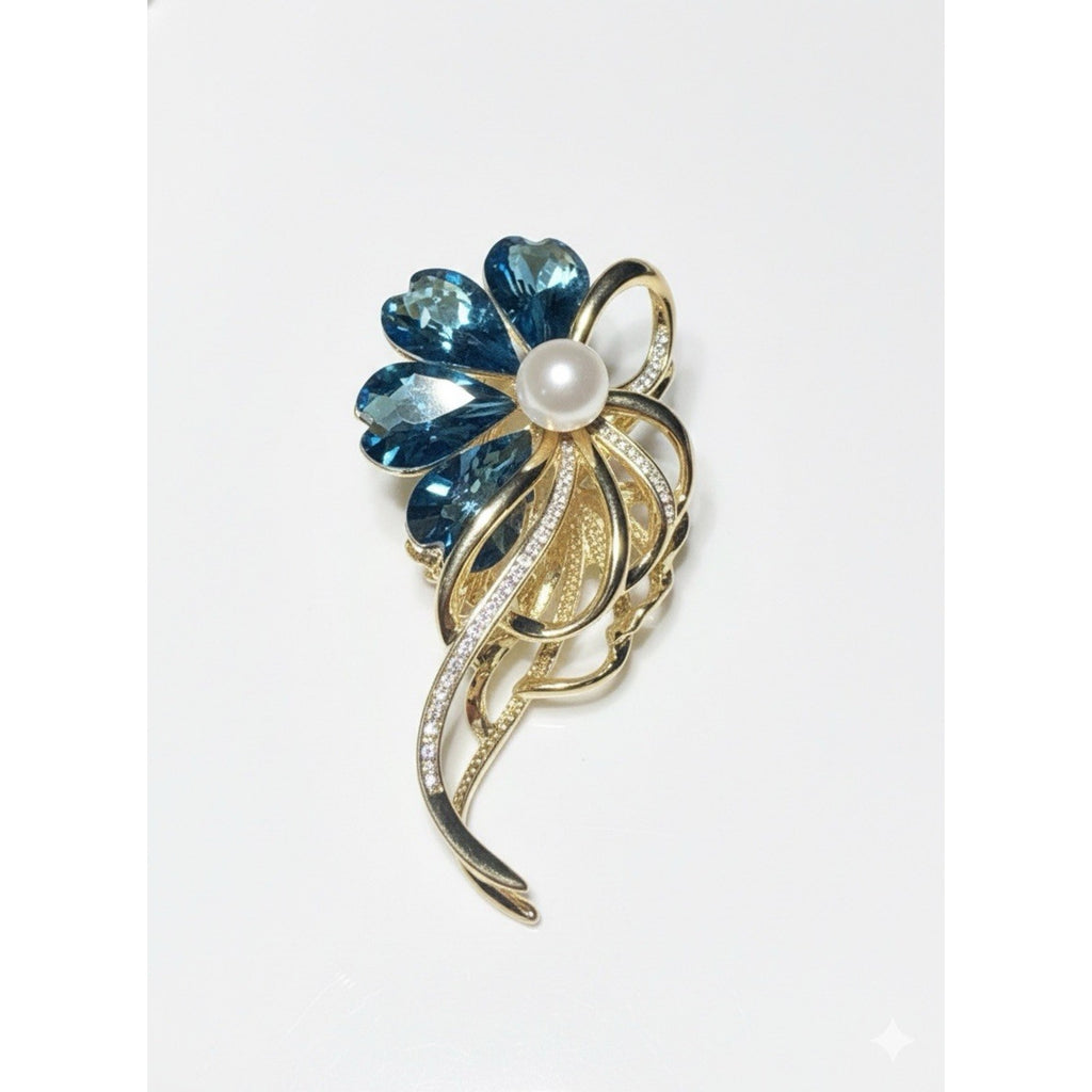 Elegant Gold PlatedFloral Brooch Pin for Women Green & White Crystals & Pearls