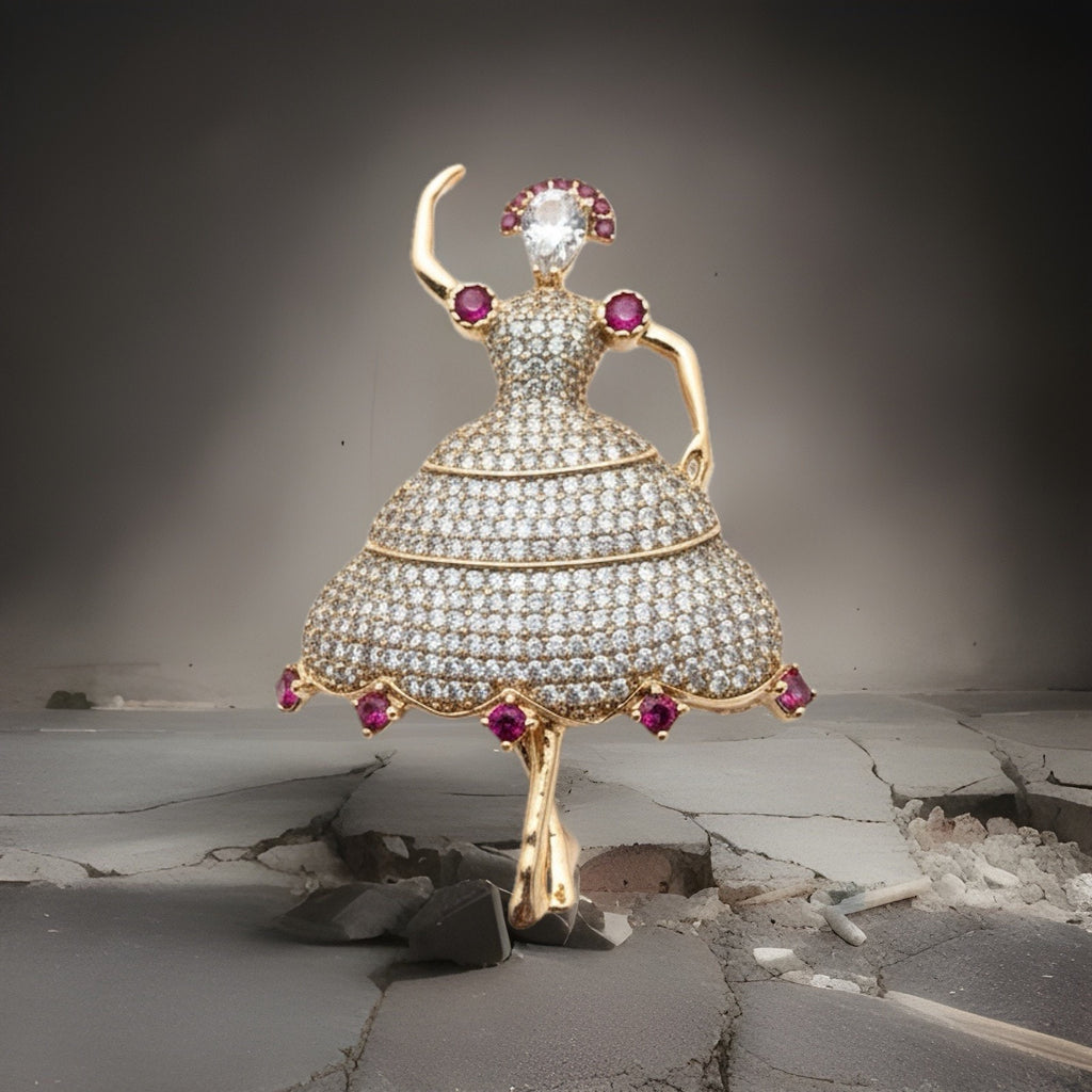 Elegant Gold Plated Woman Figurine Brooch Pin for Women White and Pink Crystals