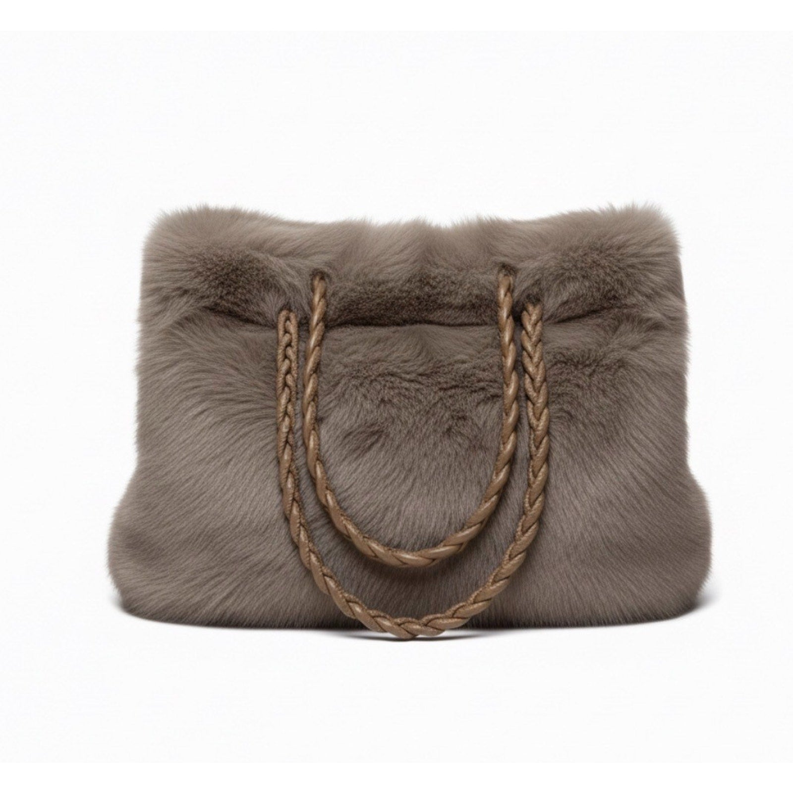 Luxury Faux Fur Tote Bag | Taupe Gray Plush Handbag with Braided Handles | Large