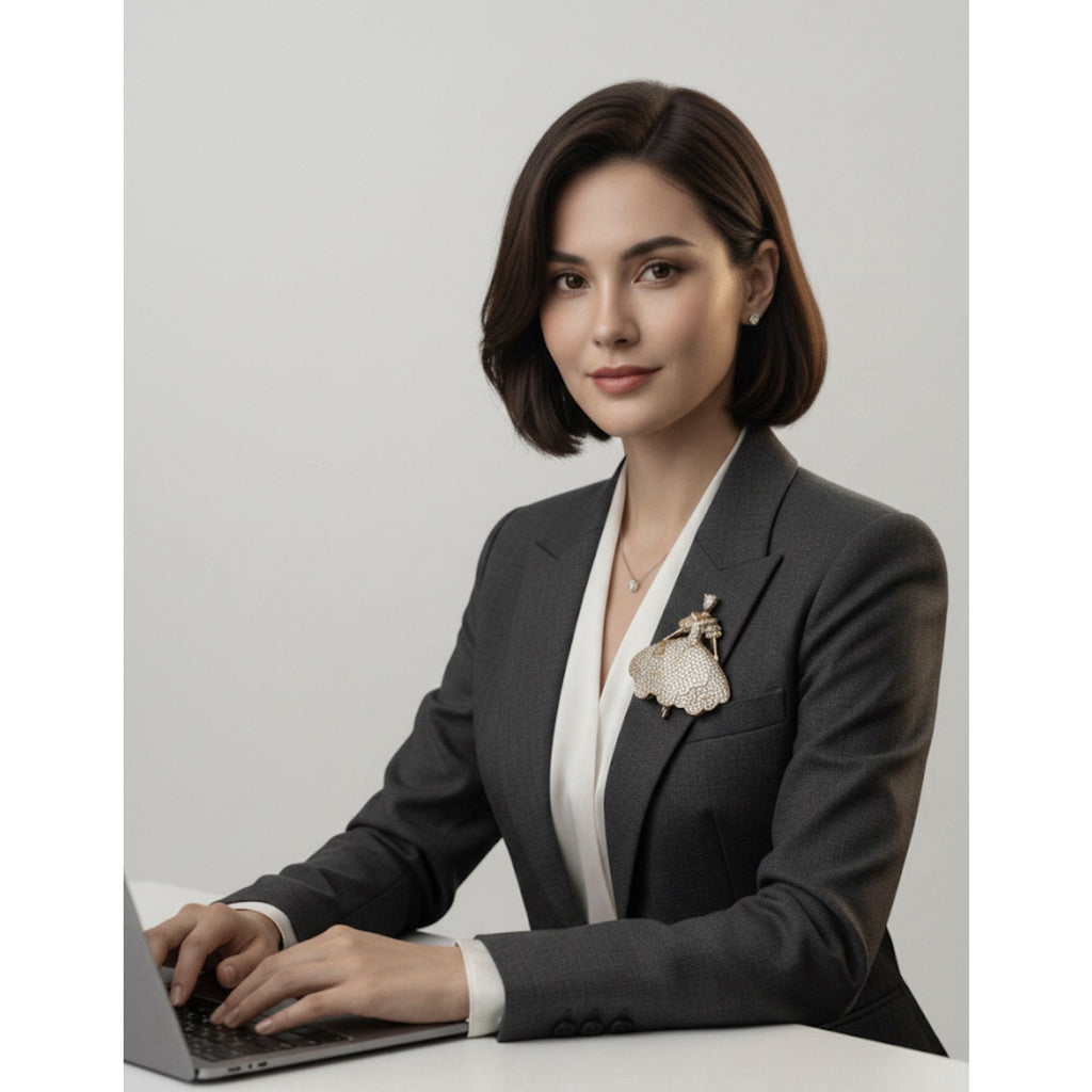 Elegant Gold Plated Woman Figurine Brooch Pin for Women White Crystals
