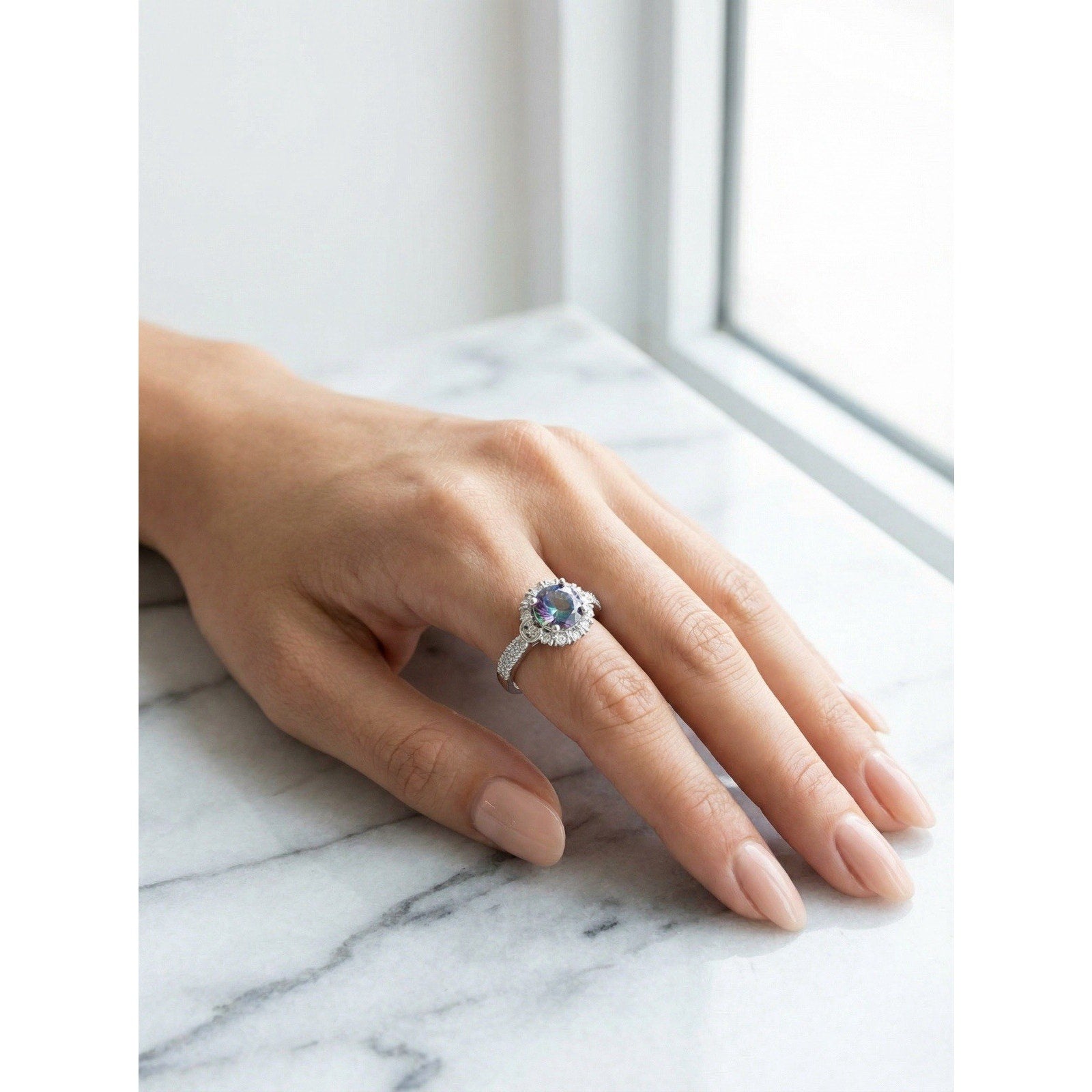 Exquisite 2ct Mystic Moissanite Halo Statement Ring D Color VVS1 Adjustable Size