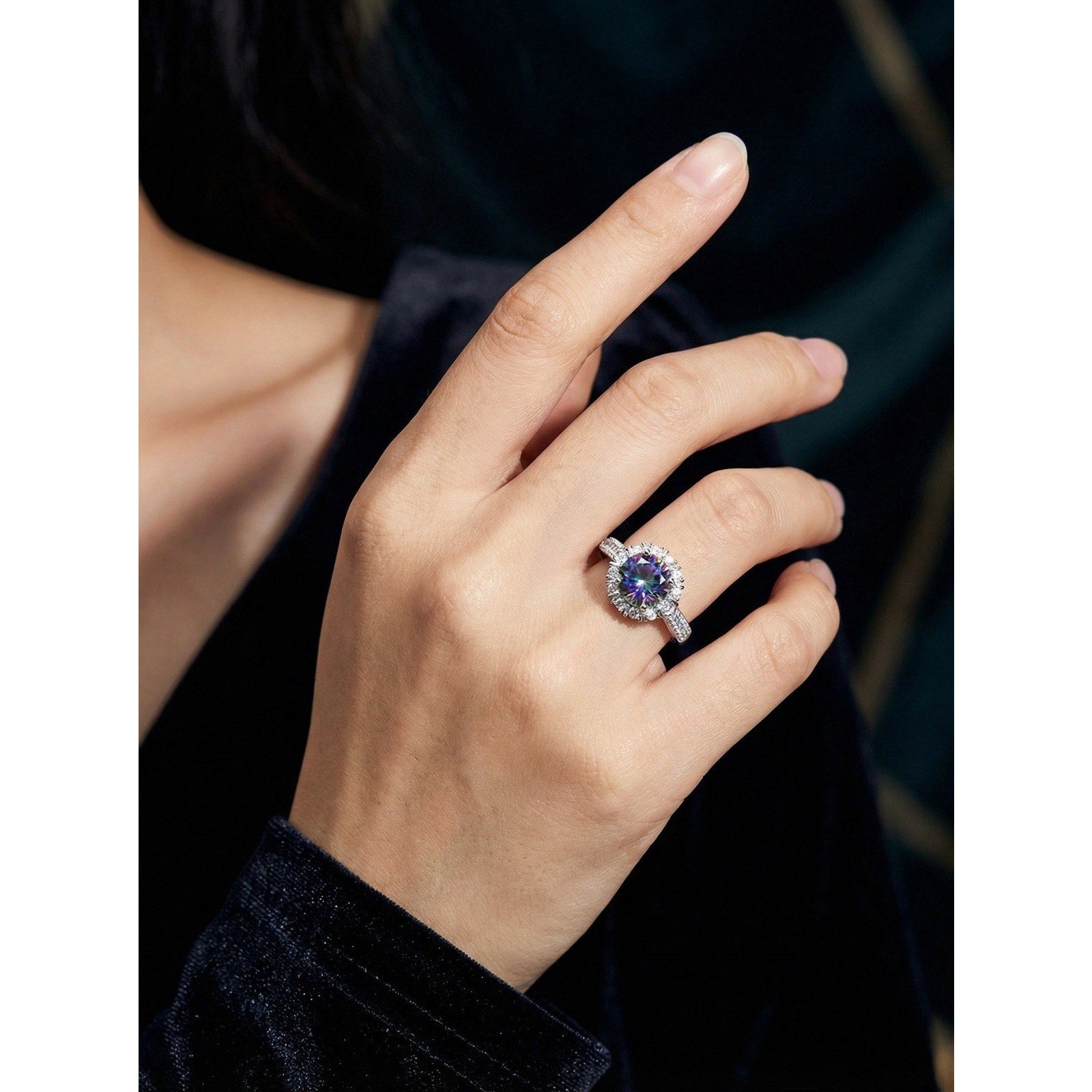 Exquisite 2ct Mystic Moissanite Halo Statement Ring D Color VVS1 Adjustable Size