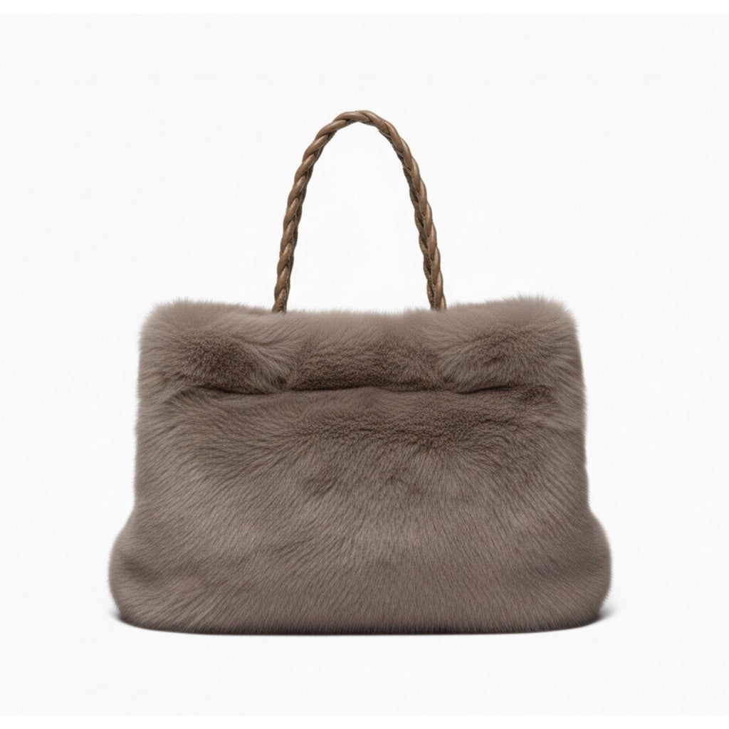 Luxury Faux Fur Tote Bag | Taupe Gray Plush Handbag with Braided Handles | Large