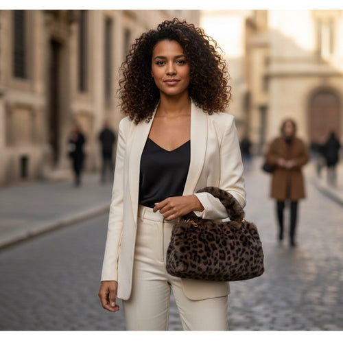 Chic Leopard Print Faux Fur Hand Bag | Plush Animal Print Shoulder Purse