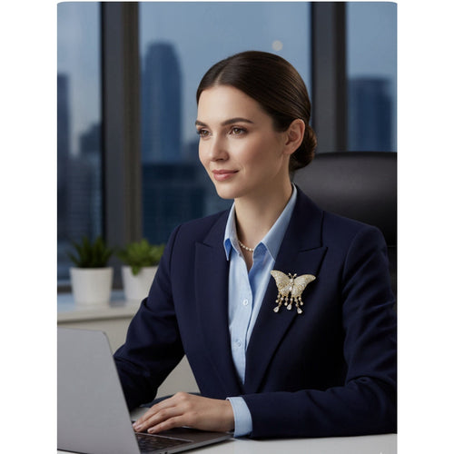 Elegant Gold Plated Butterfly Brooch Pin for Women White Crystals