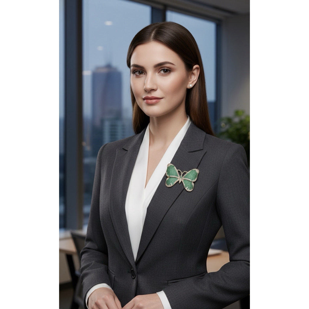Elegant Gold Plated Butterfly Brooch Pin for Women Green & White Crystals
