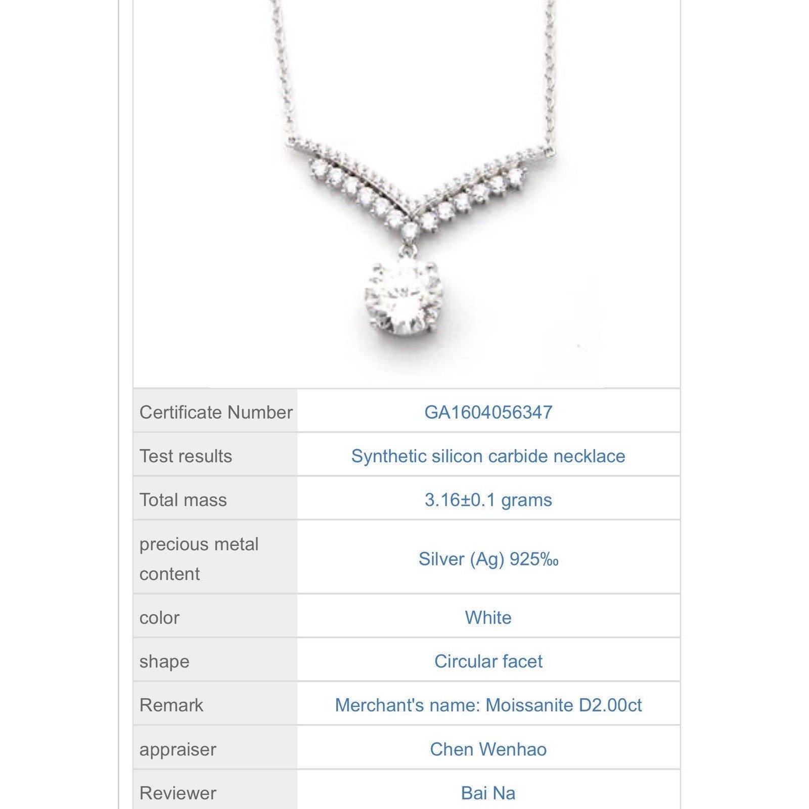 Stunning 2.00CTW Certified Moissanite & 925 Sterling Silver Necklace