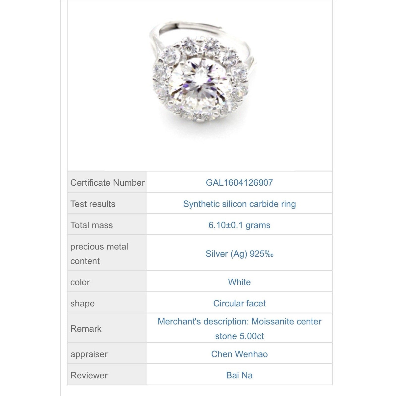 Exquisite Moissanite 925 SterlingSilver Engagement Ring AdjustableSize 5.00 CTW