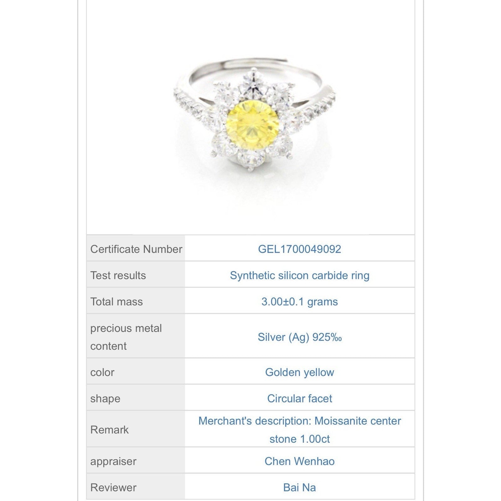 Stunning Yellow Moissanite Ring 925S Silver 1CTW One Size