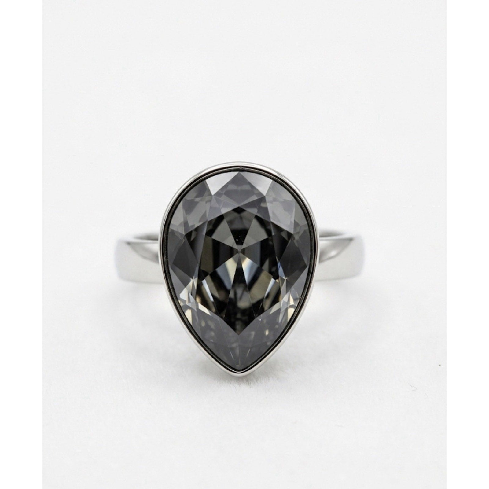 Ladies Silver Rhodium Plated Ring Size 6.5 GraySwarovski TearDrop Shaped Crystal