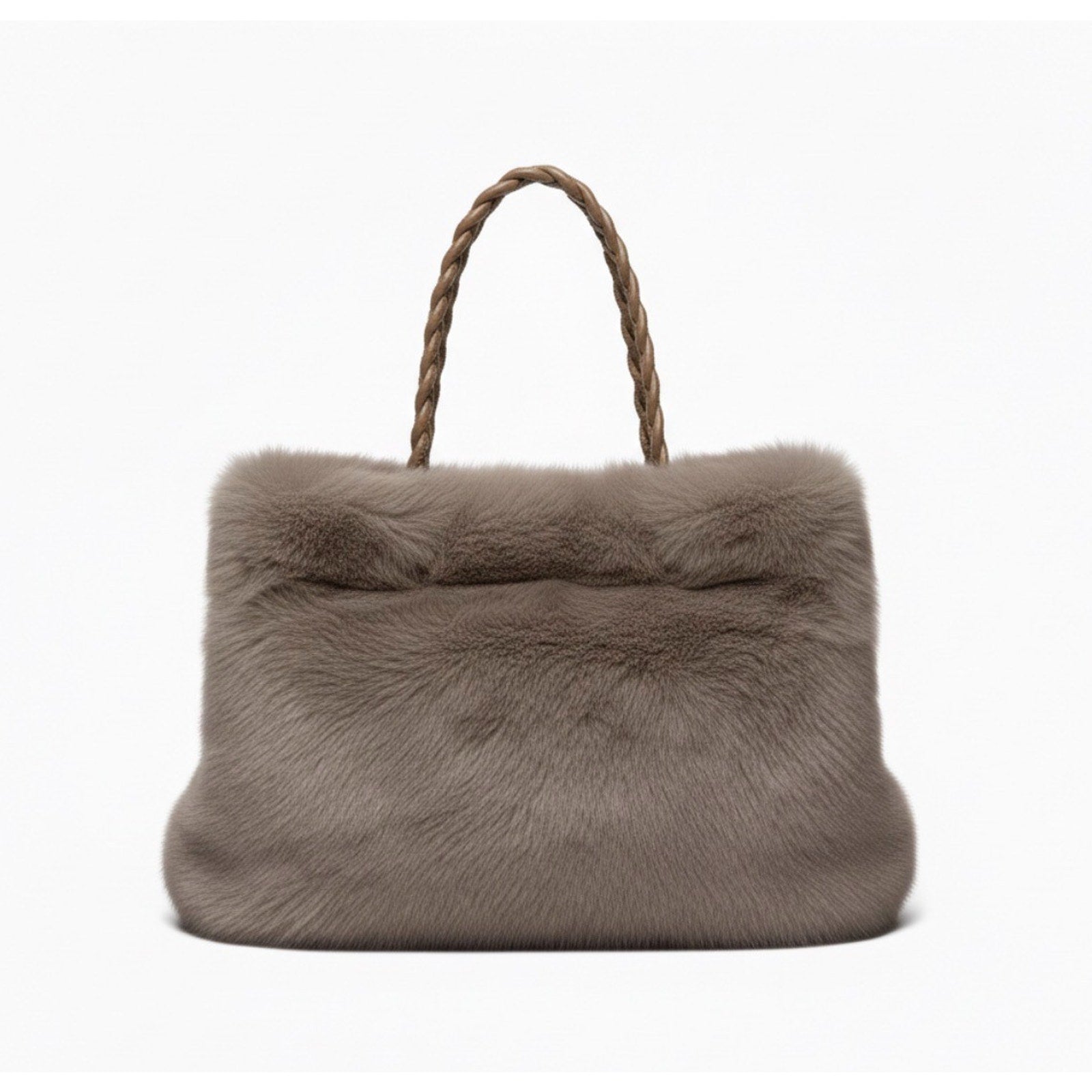 Luxury Faux Fur Tote Bag | Taupe Gray Plush Handbag with Braided Handles Medium
