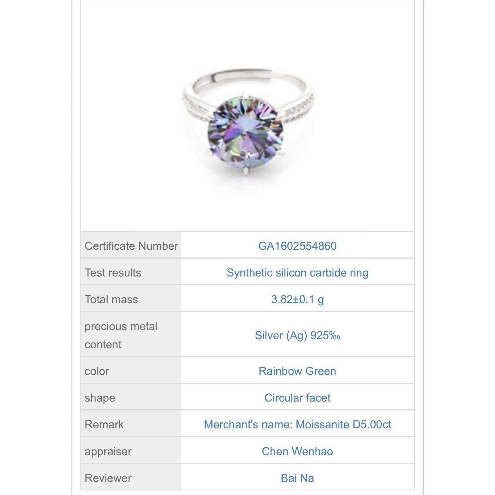 Stunning 5.00ct Rainbow Moissanite Engagement Ring S925 Silver Adjustable Size