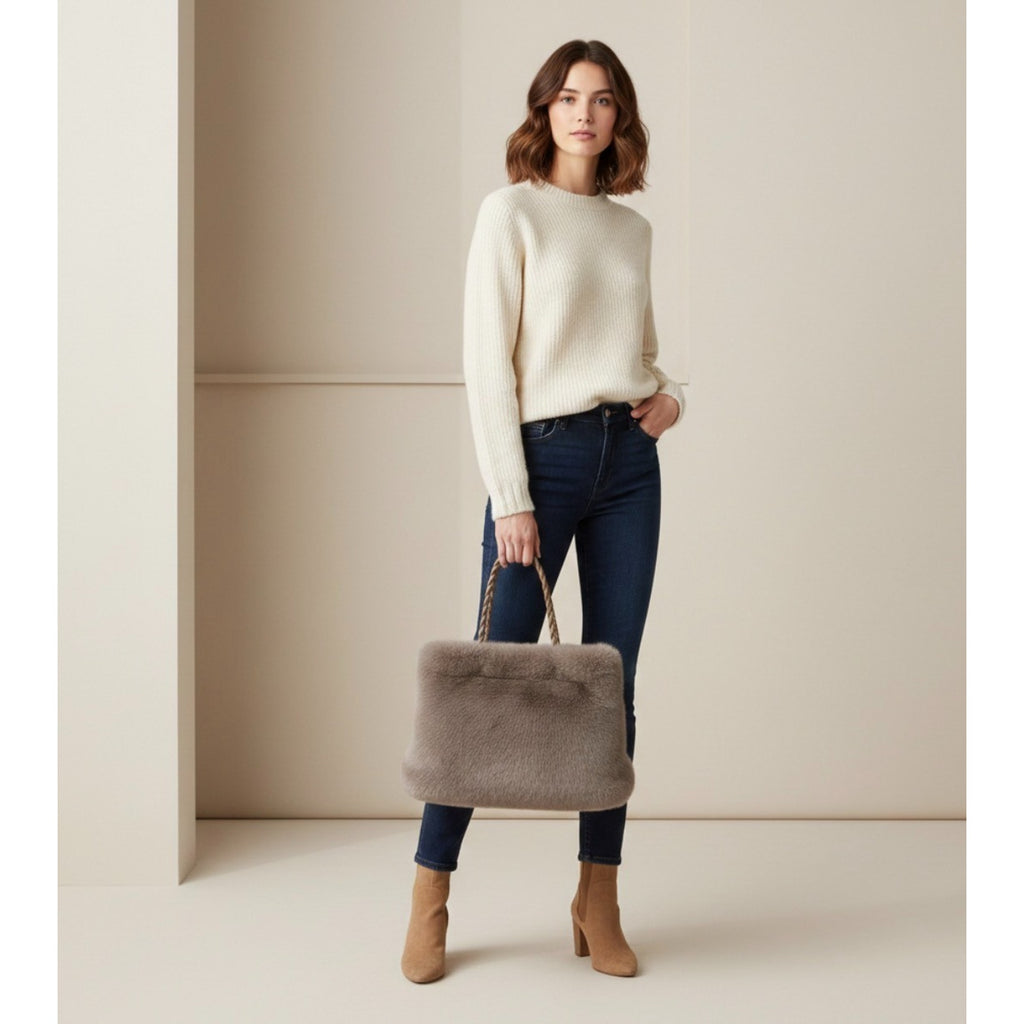 Luxury Faux Fur Tote Bag | Taupe Gray Plush Handbag with Braided Handles Medium