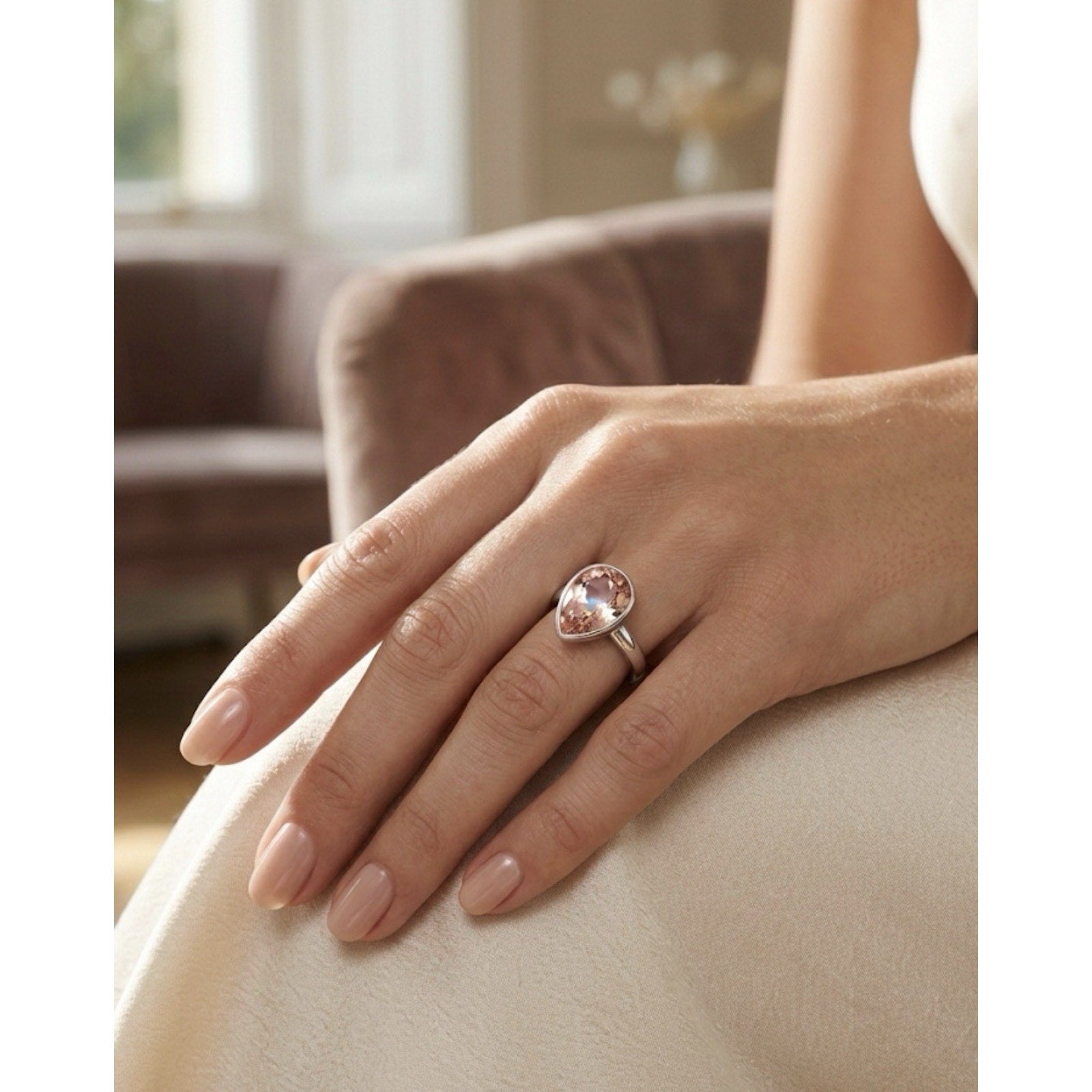 Ladies Silver Rhodium Plated Pear Shaped Purple Swarovski Crystal Ring Size 6.25