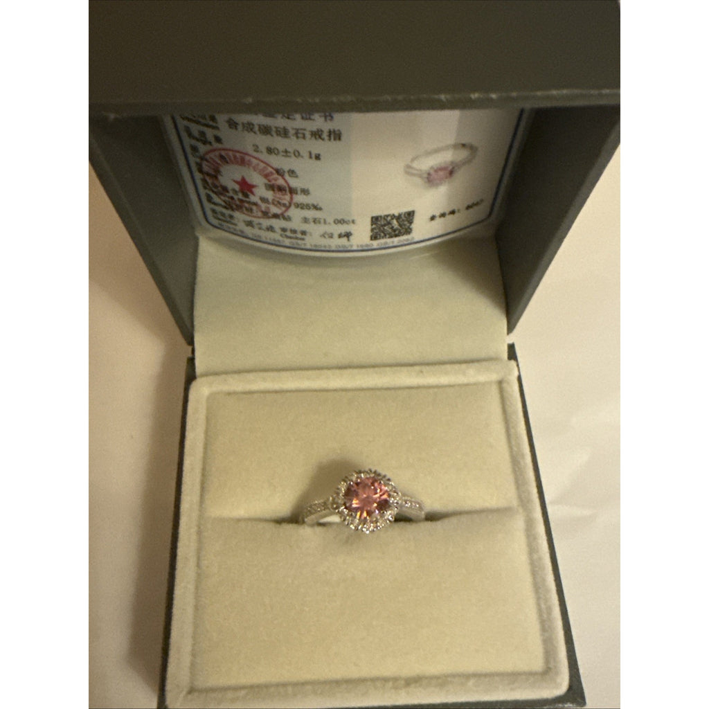 Elegant 1ct Pink Moissanite Halo Ring Brilliant Round Cut Adjustable 925 Silver