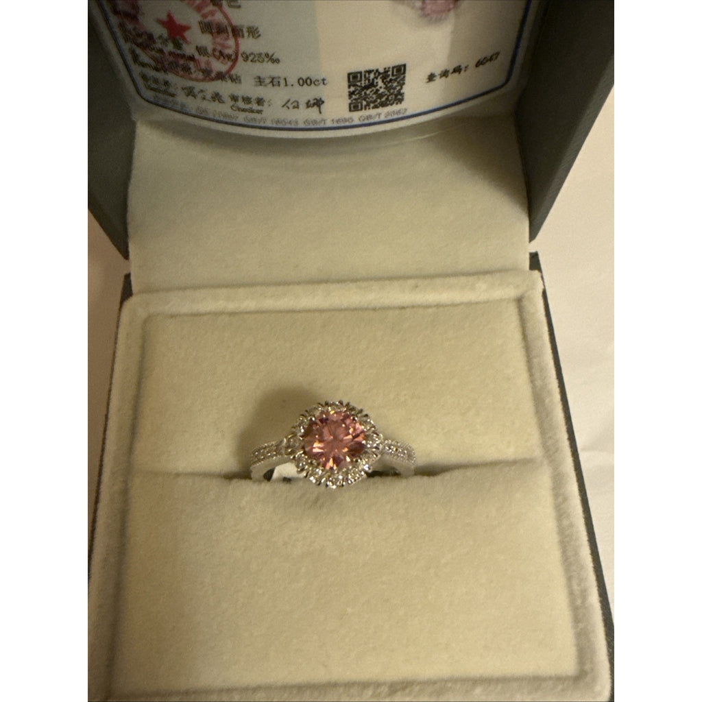 Elegant 1ct Pink Moissanite Halo Ring Brilliant Round Cut Adjustable 925 Silver