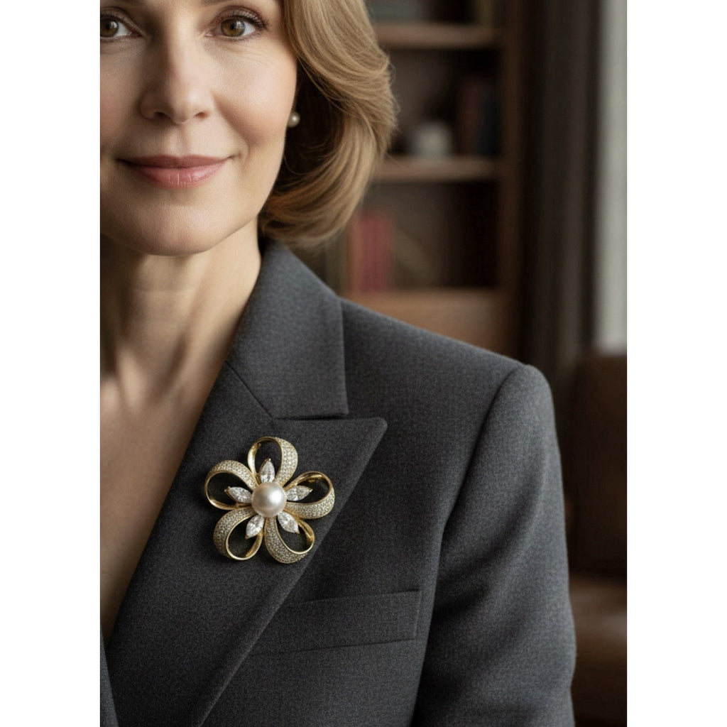 Elegant Gold Plated Wreath Style Brooch Pin for Women White Crystals