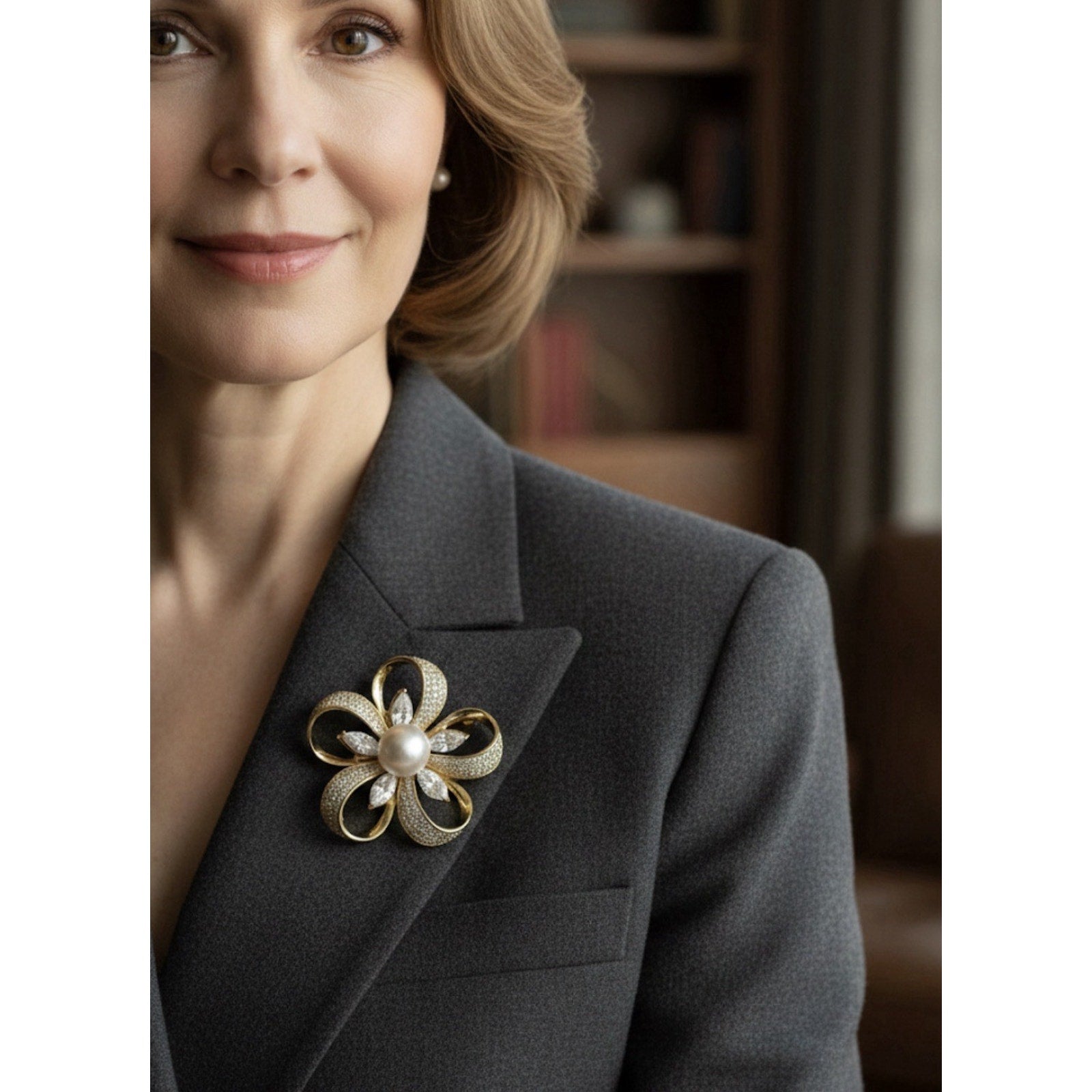 Elegant Gold Plated Wreath Style Brooch Pin for Women White Crystals