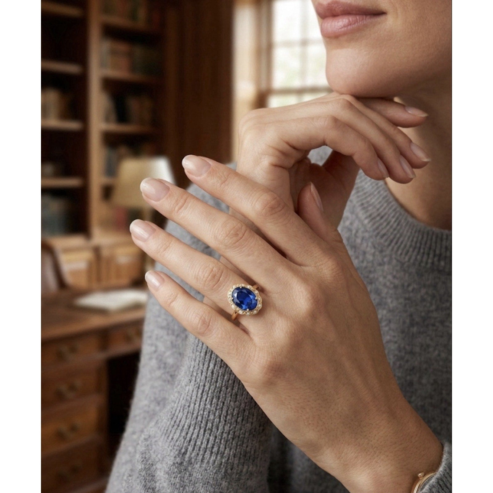 Exquisite Vintage-Style Gold PlatedOval Sapphire & Swarovski Halo Ring Size 10