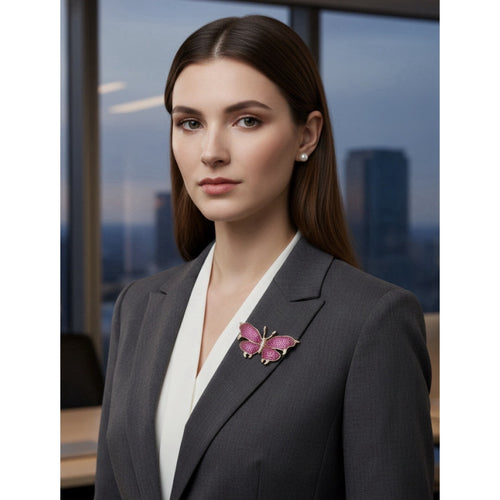 Elegant Gold Plated Butterfly Brooch Pin for Women Pink & White Crystals