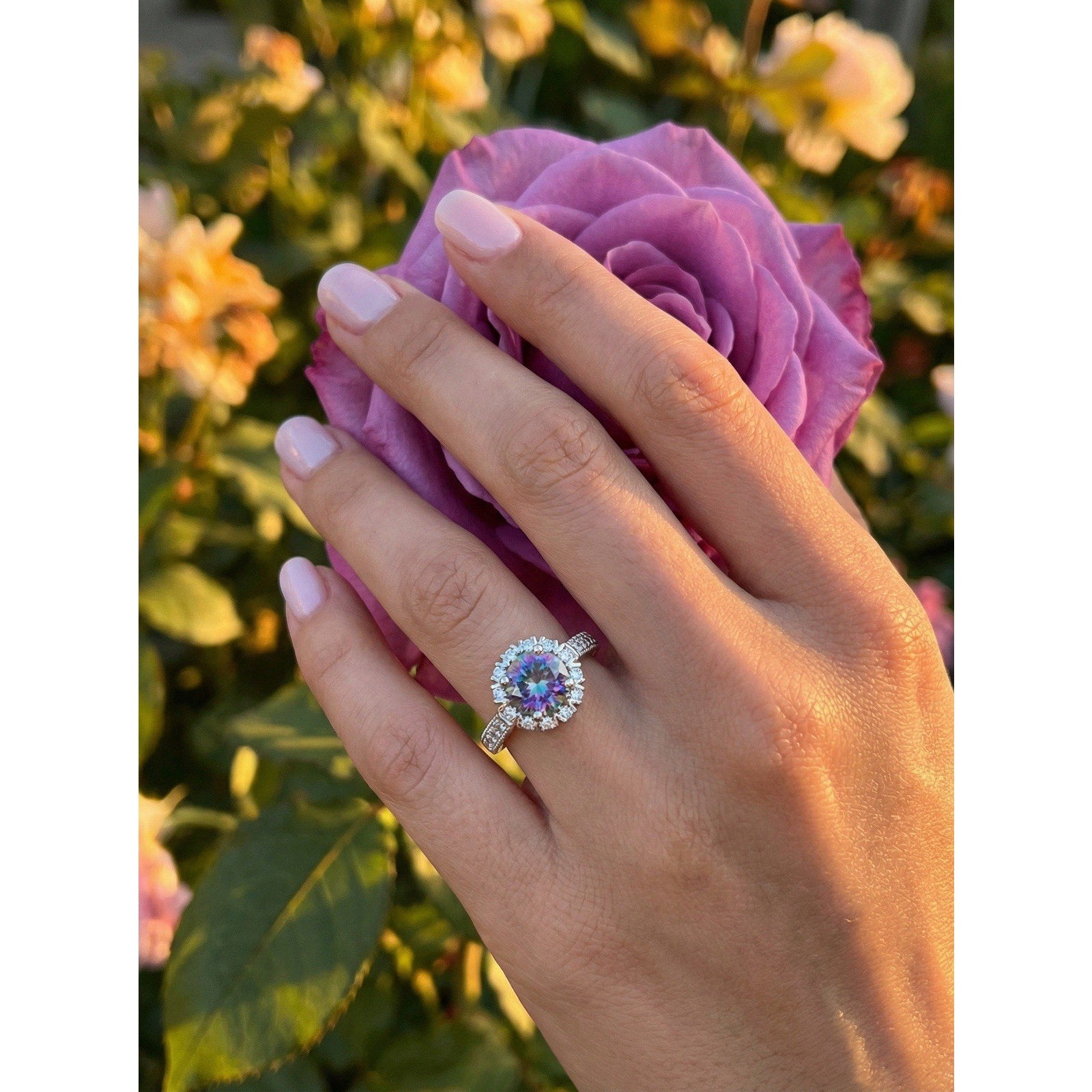 Exquisite 2ct Mystic Moissanite Halo Statement Ring D Color VVS1 Adjustable Size