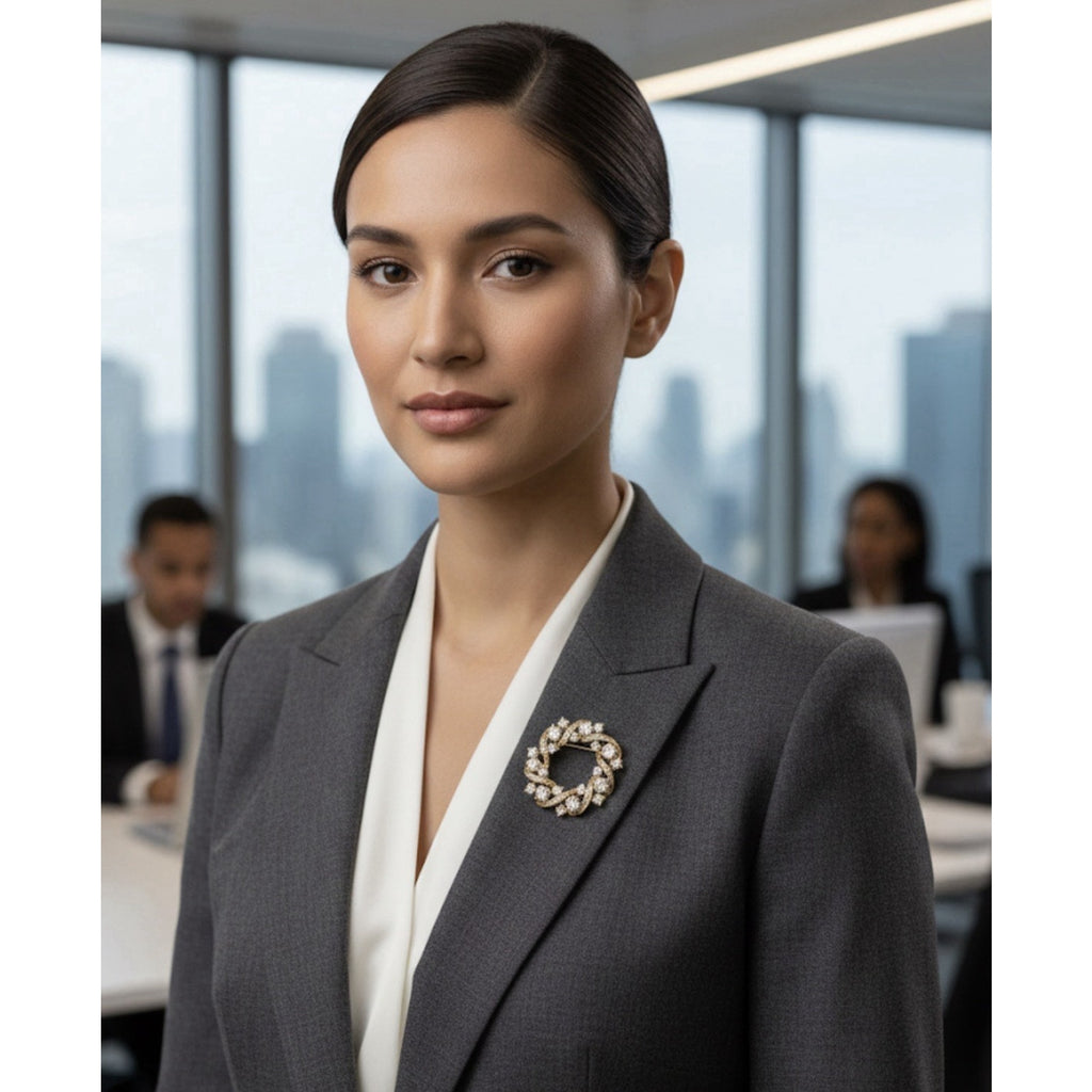 Elegant Gold Plated Wreath Style Brooch Pin for Women White Crystals