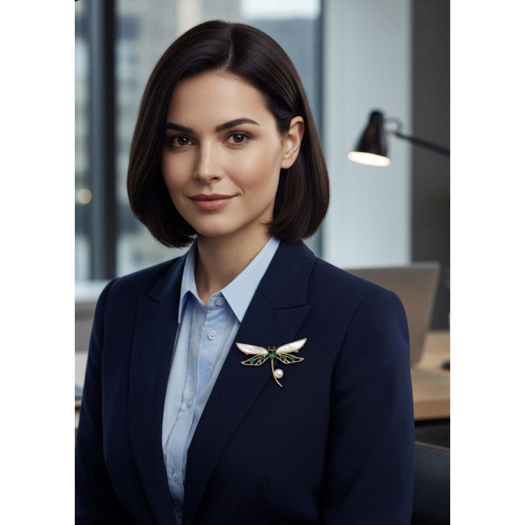 Elegant Gold Plated Dragon Fly Brooch Pin for Women White and Green Crystals