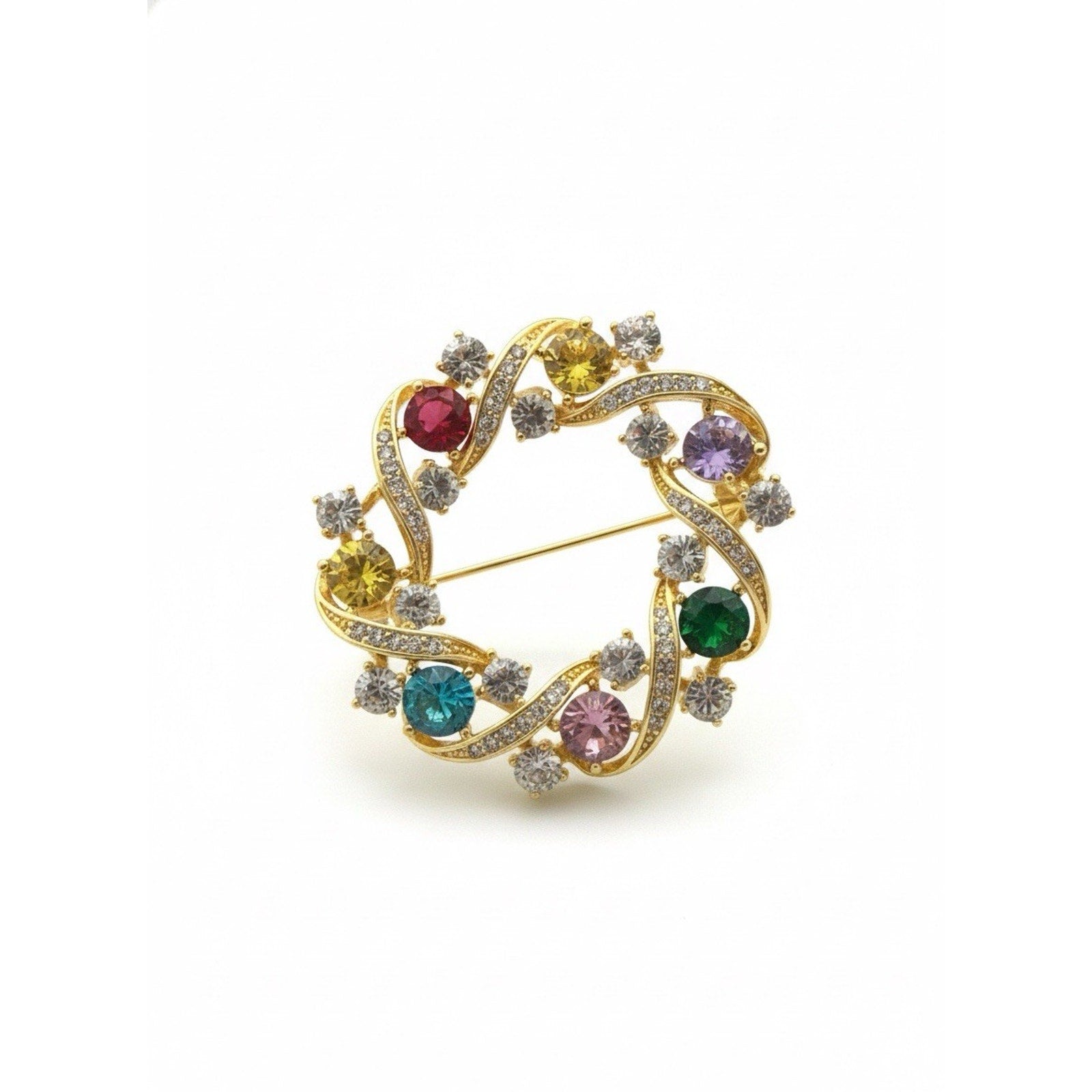 Elegant Gold Plated Wreath Style Brooch Pin for Women Multicolored Crystals