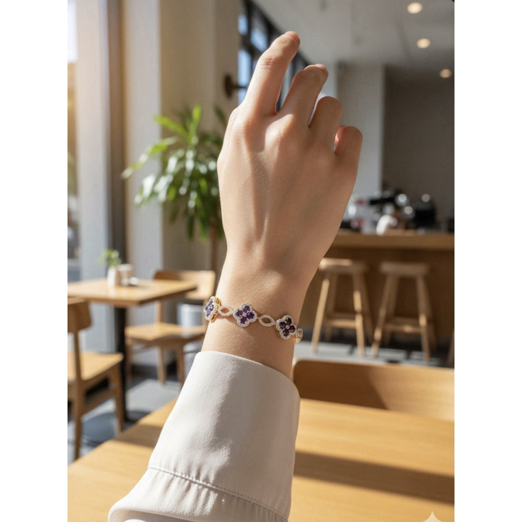 Women’s Goldtone Cubic Zirconia and Purple Cloverleaf Gemstone Bracelet