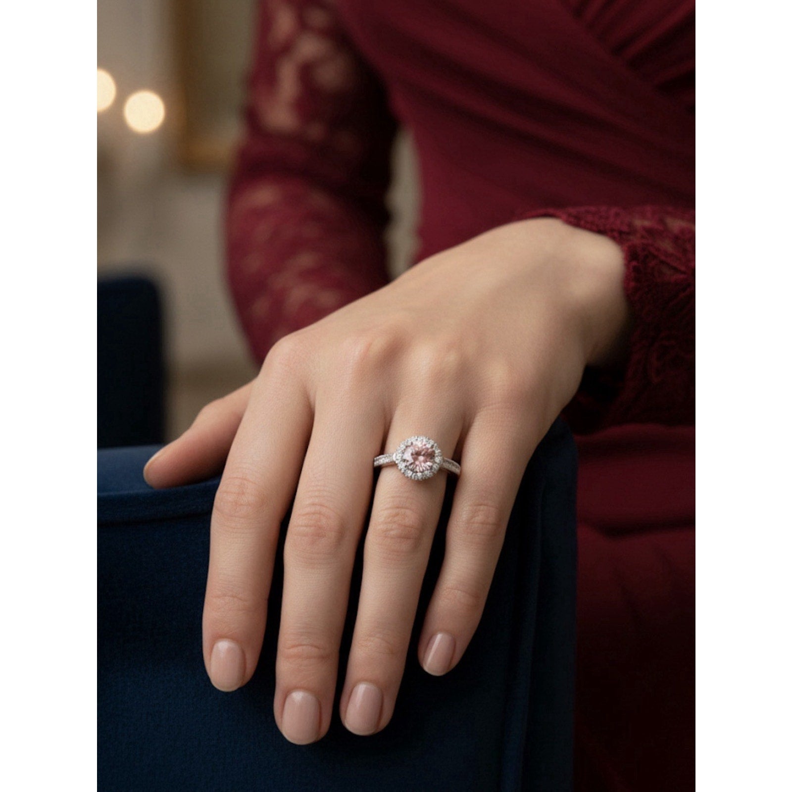 Elegant 1ct Pink Moissanite Halo Ring Brilliant Round Cut Adjustable 925 Silver