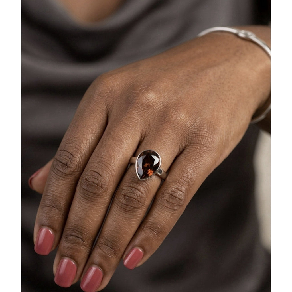 Ladies Silver Rhodium Plated Ring Size 6.5 Red Swarovski TearDrop Shaped Crystal
