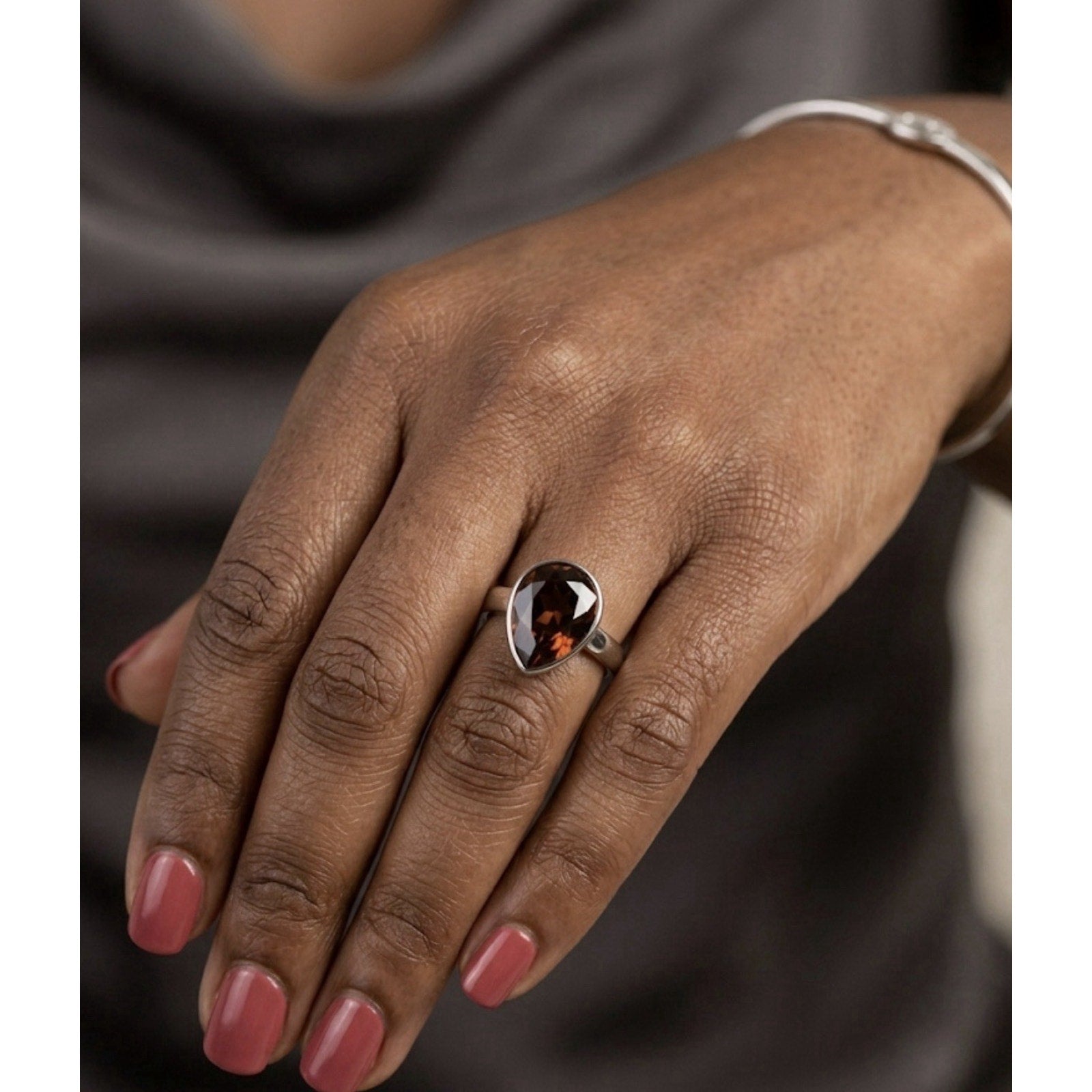 Ladies Silver Rhodium Plated Ring Size 6.5 Red Swarovski TearDrop Shaped Crystal