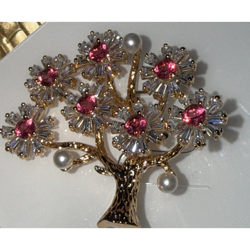Elegant Gold PlatedFloral Brooch Pin for Women Pink & White Crystals & Pearls