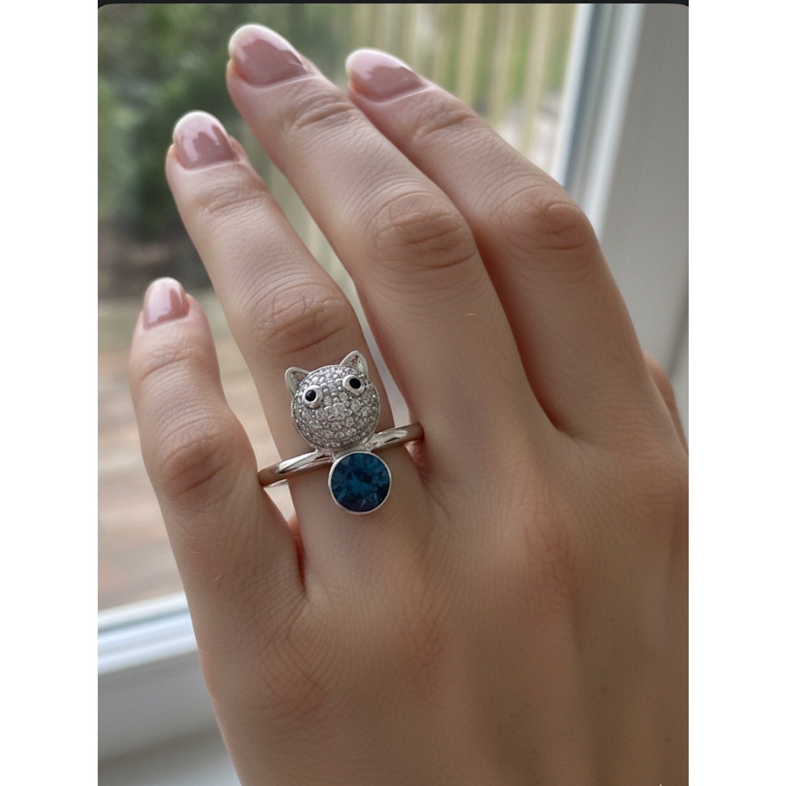 Silvertone Blue Swarovski Stone Cat Ring for Ladies Size New In Box with Tags