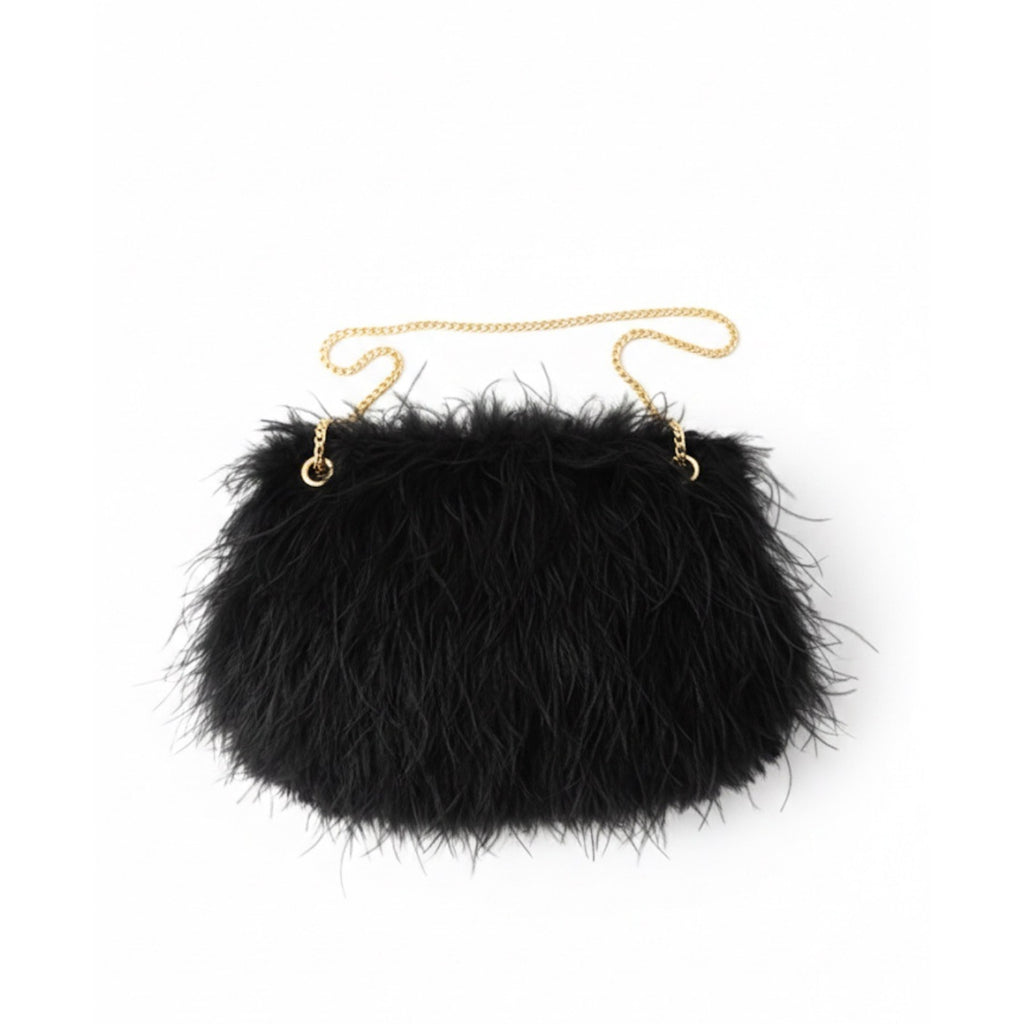 Chic Black Faux Feather Plush Evening Bag | Shag Shoulder Bag Crossbody