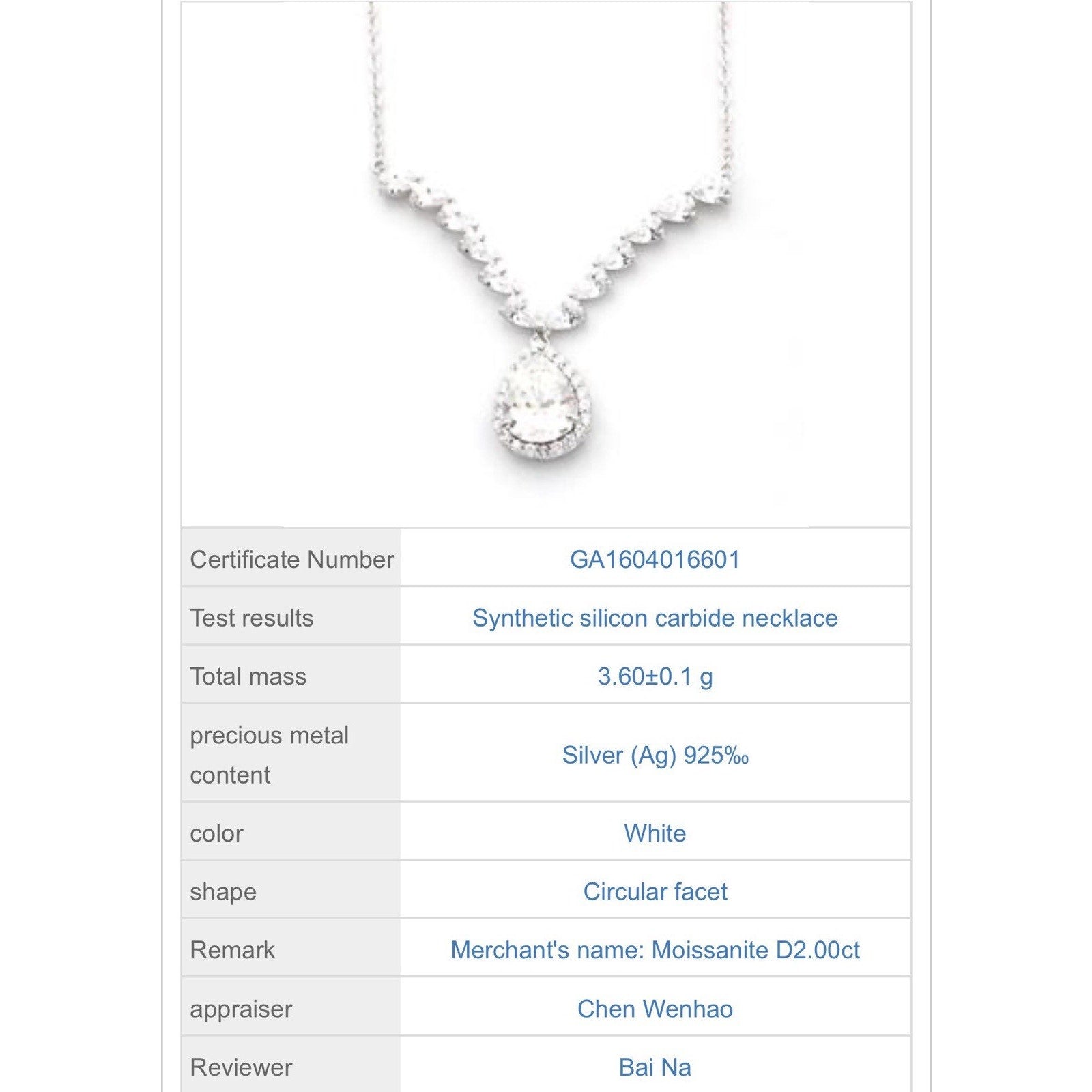 Stunning 2CTW Moissanite & 925 S Silver Teardrop Necklace
