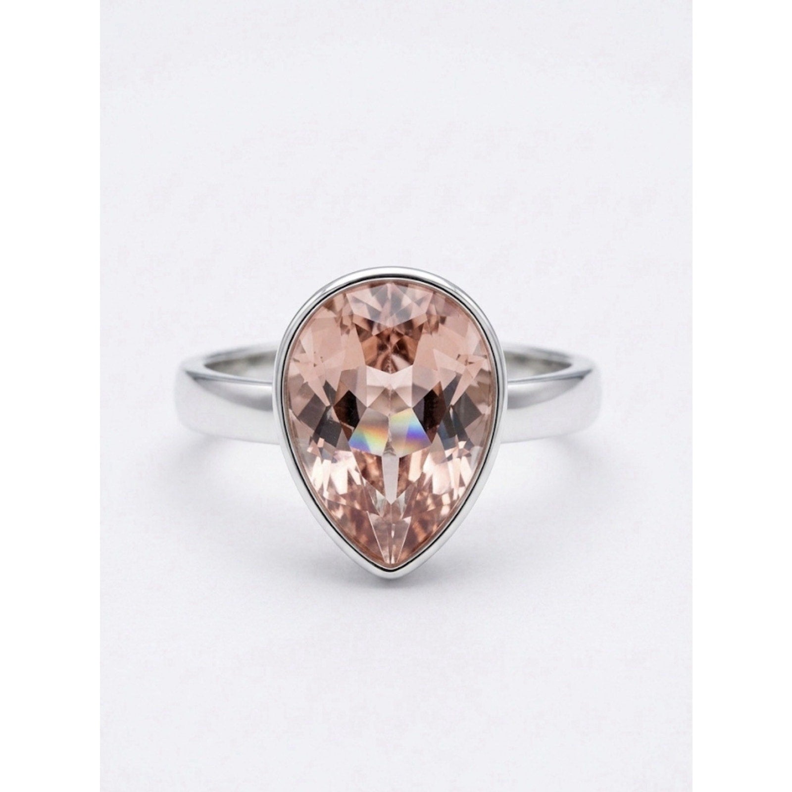 Ladies Silver Rhodium Plated Pear Shaped Purple Swarovski Crystal Ring Size 6.25