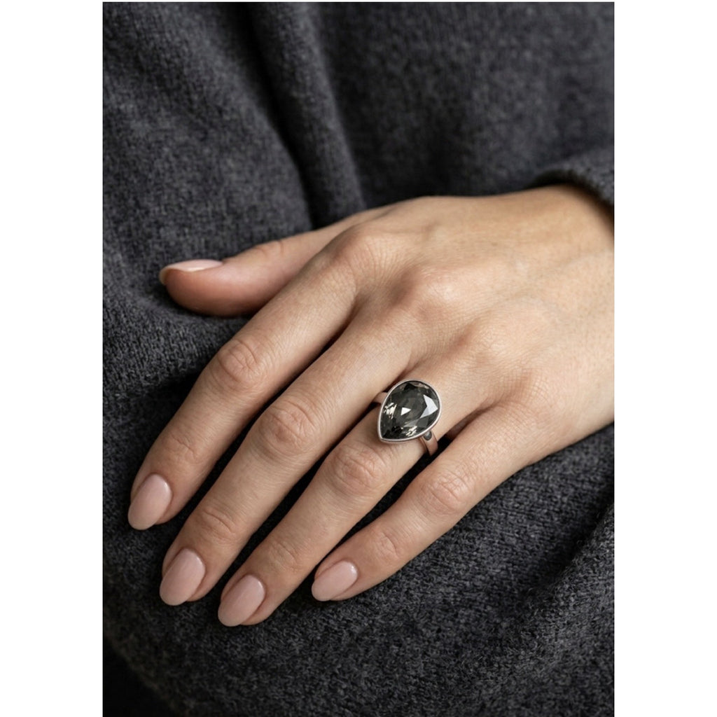Ladies Silver Rhodium Plated Ring Size 6.5 GraySwarovski TearDrop Shaped Crystal
