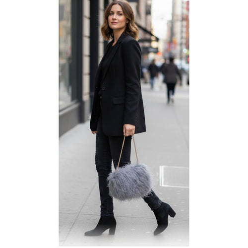 Chic Gray Faux Feather Plush Evening Bag | Shag Shoulder Bag Crossbody