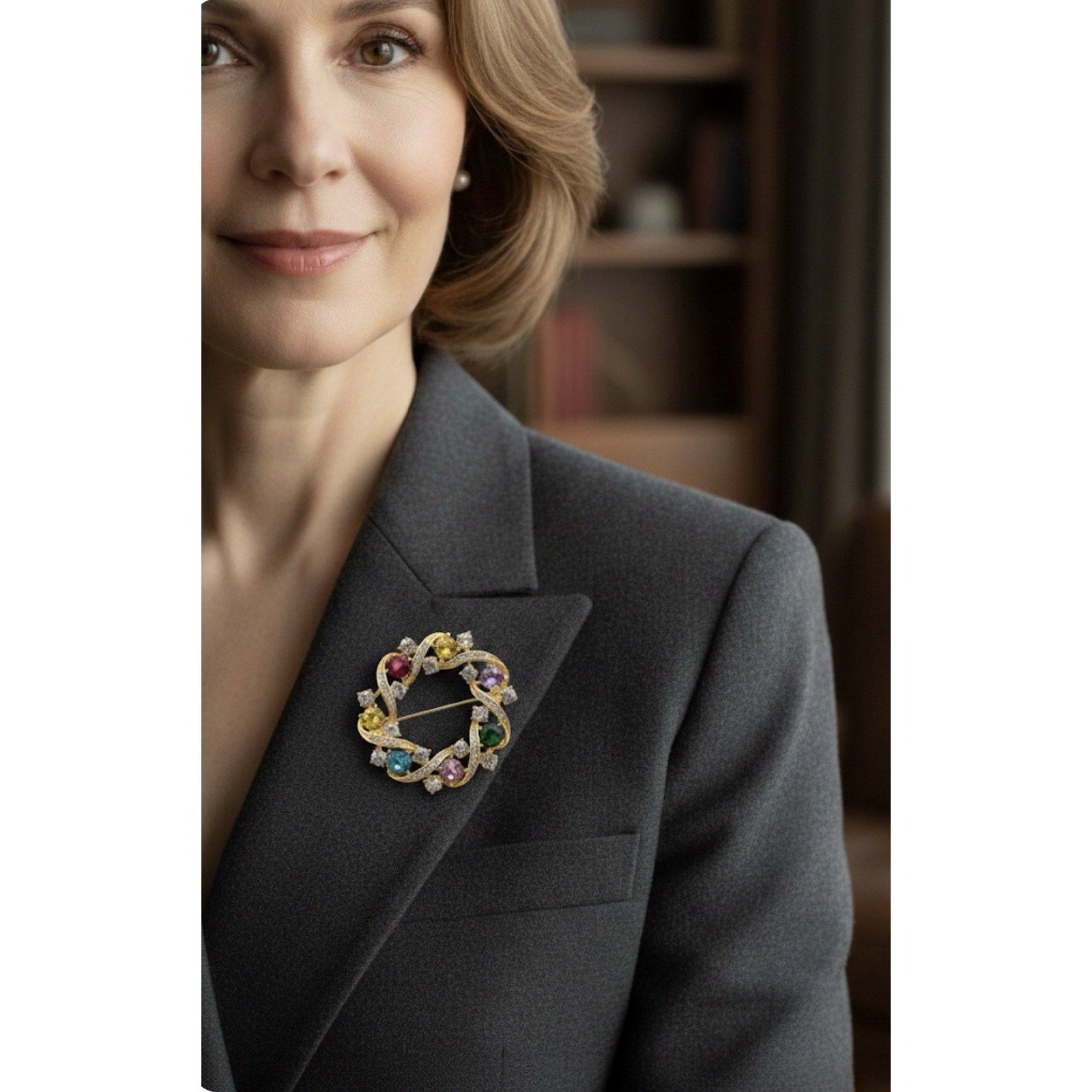 Elegant Gold Plated Wreath Style Brooch Pin for Women Multicolored Crystals