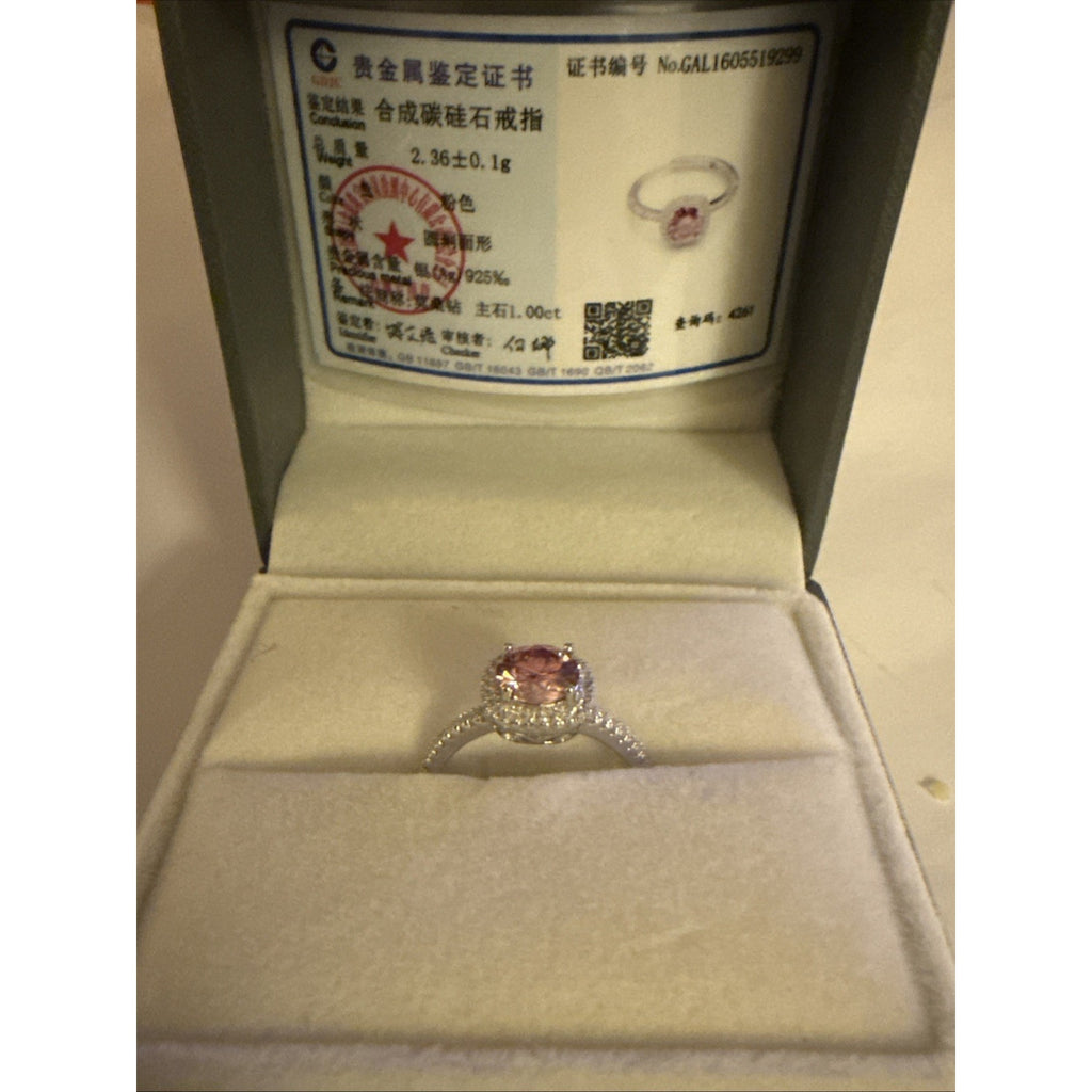 Elegant 1ct Pink Moissanite Halo Ring Brilliant Round Cut Adjustable 925 Silver