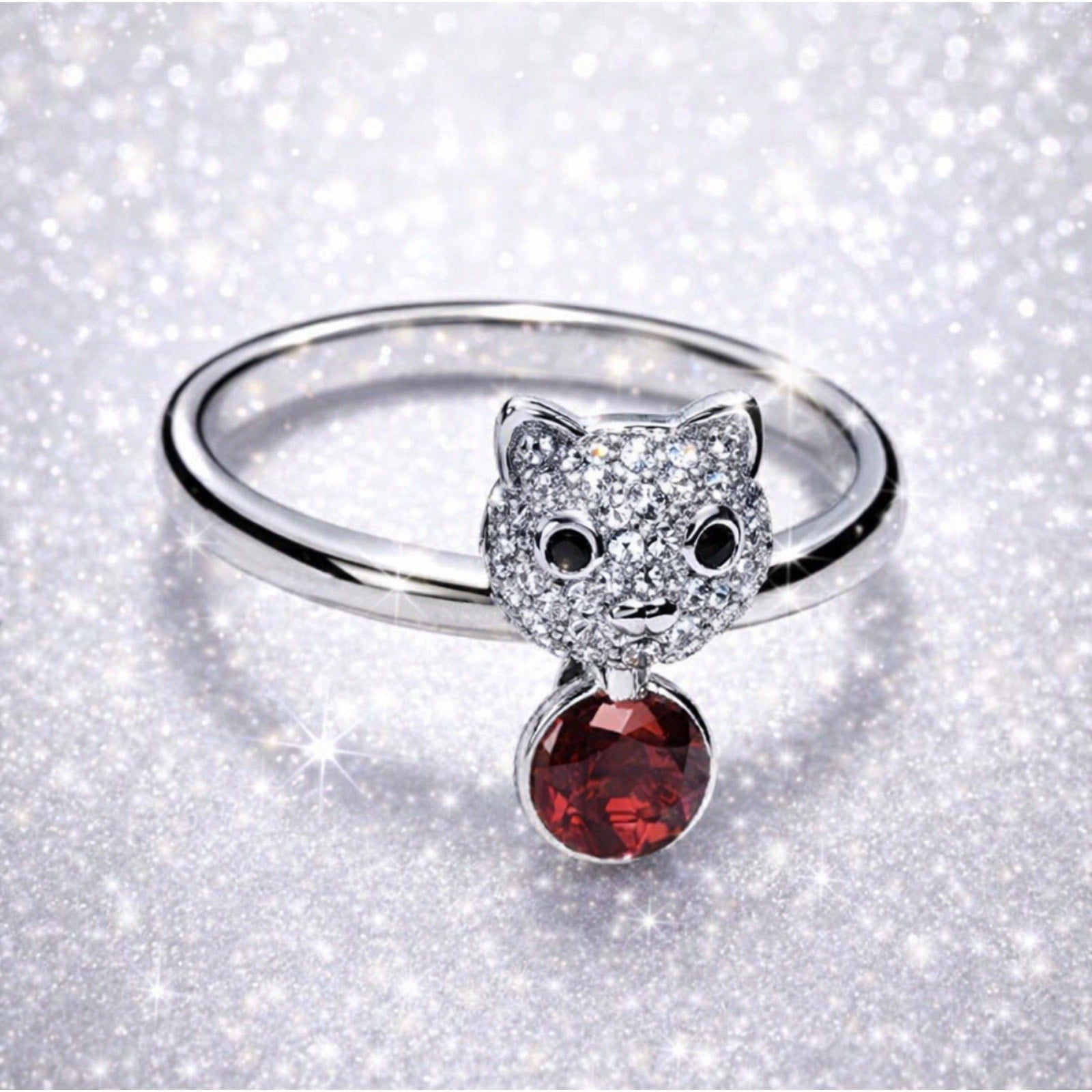Silvertone Swarovski Cat Ring for Ladies Size New In Box New with Tags